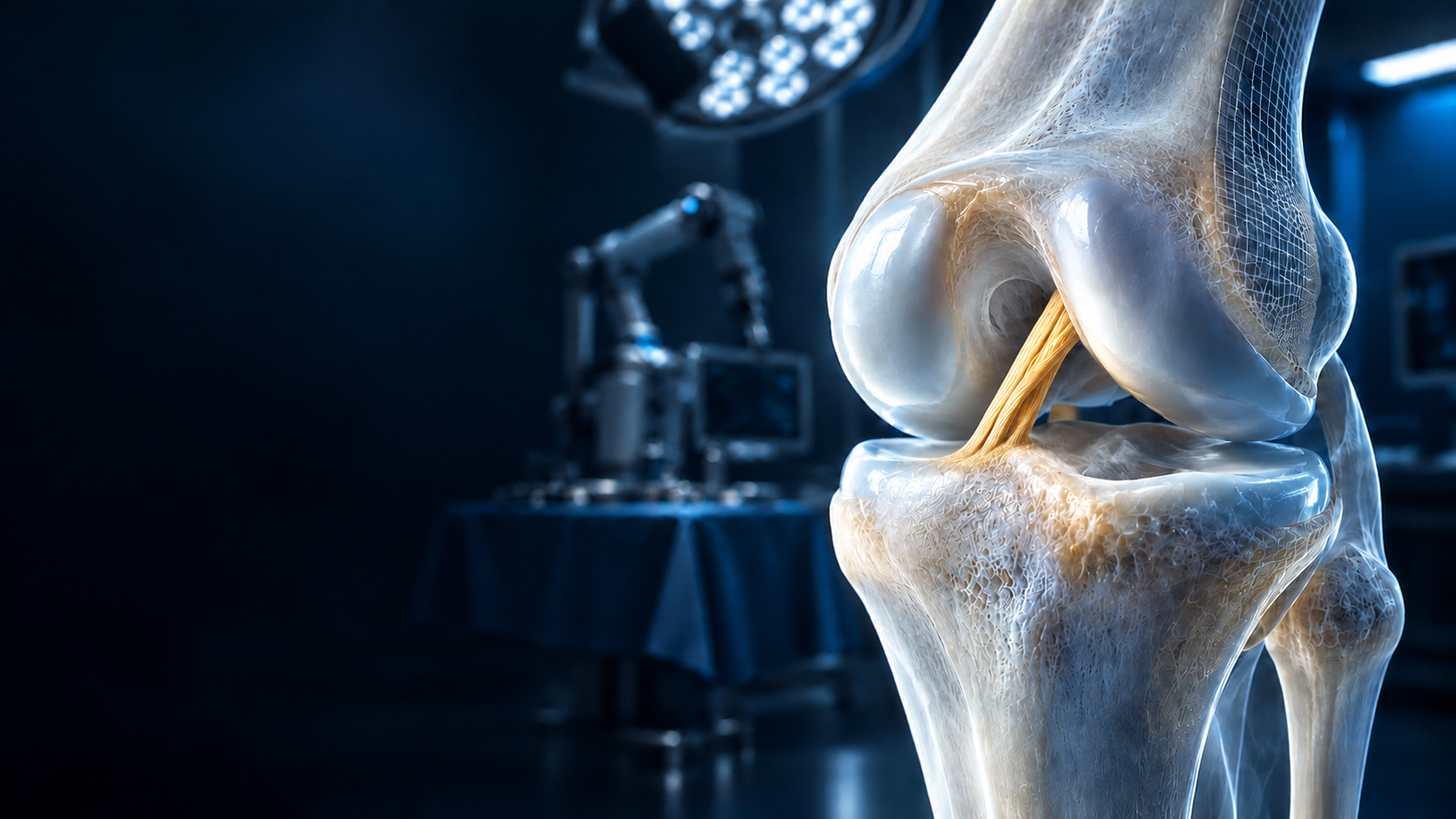 Representación CGI conceptual de una rodilla con el ligamento cruzado anterior resaltado